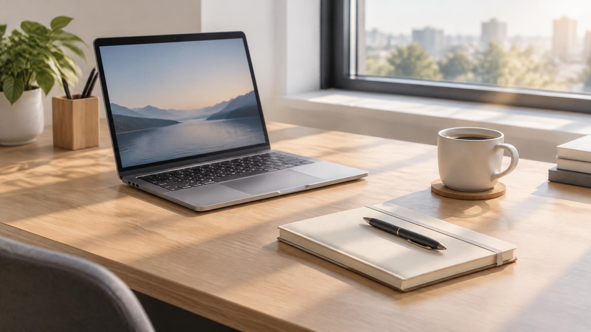 Person working at a bright desk with a laptop and notebook