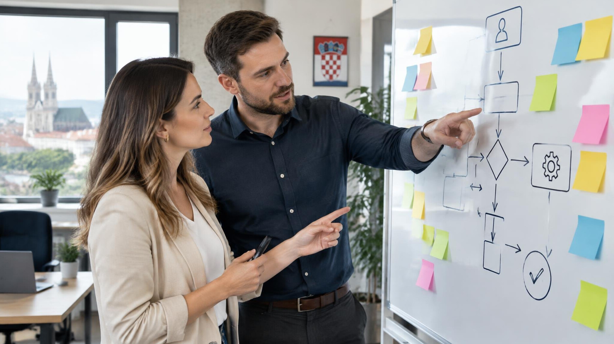 Two colleagues pointing at a whiteboard with a workflow diagram