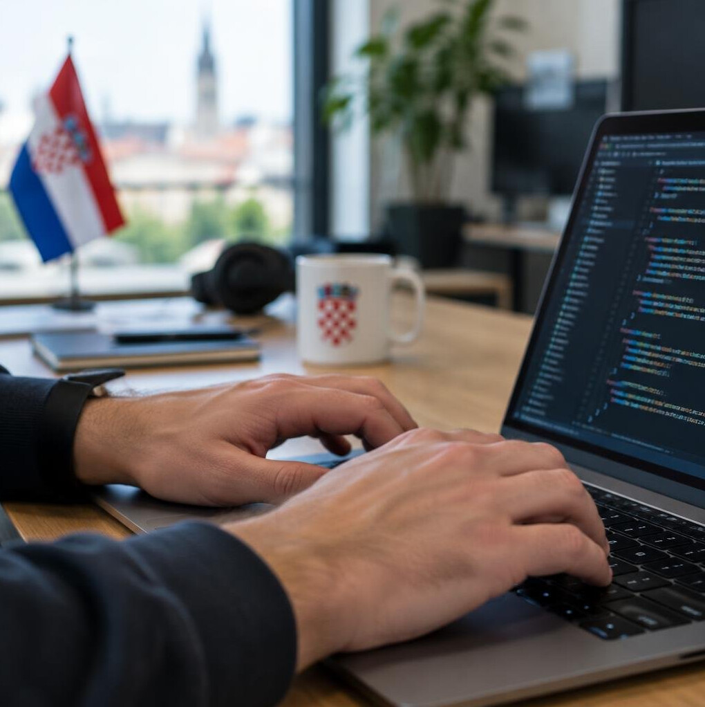 Close-up of hands typing on a laptop keyboard in an office