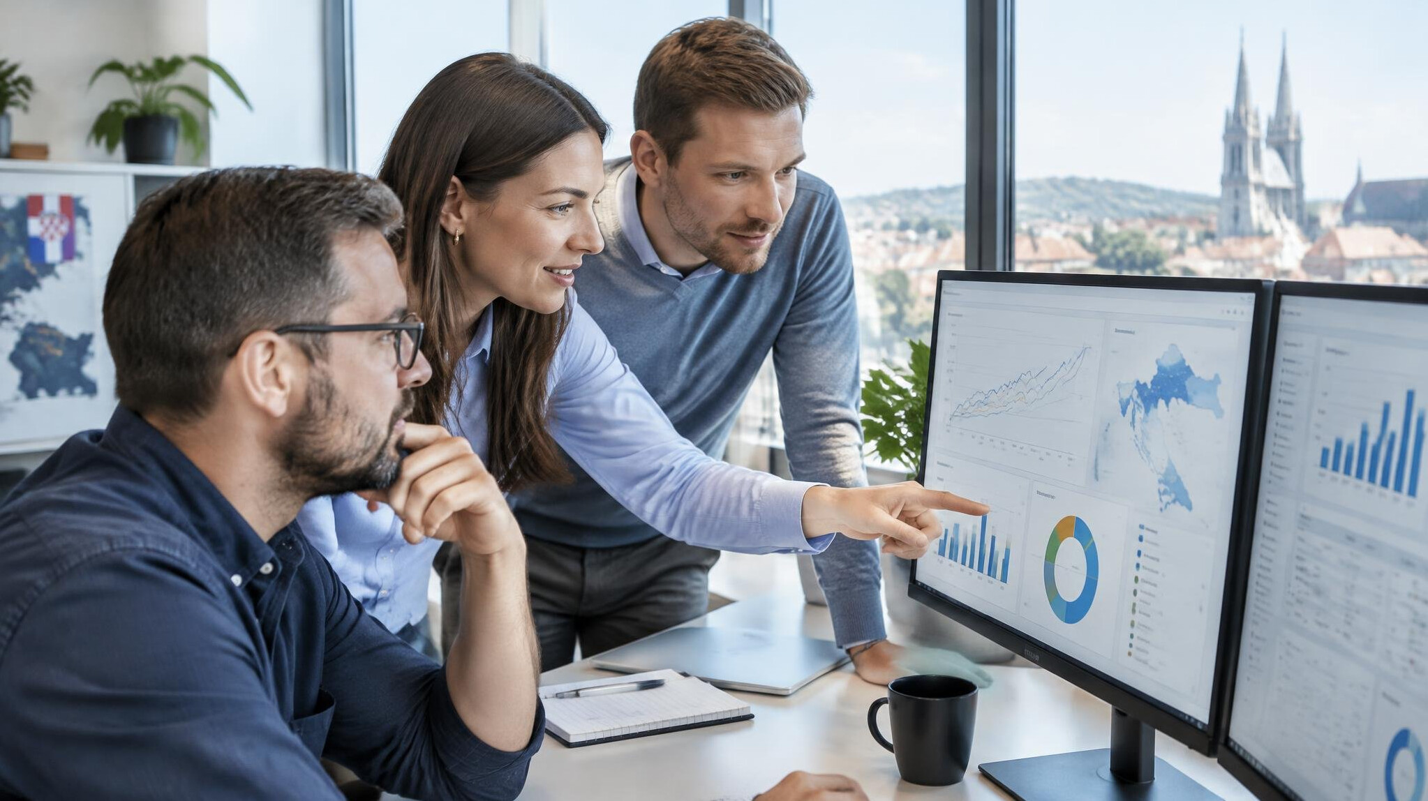 Team reviewing data dashboards on multiple screens in an office